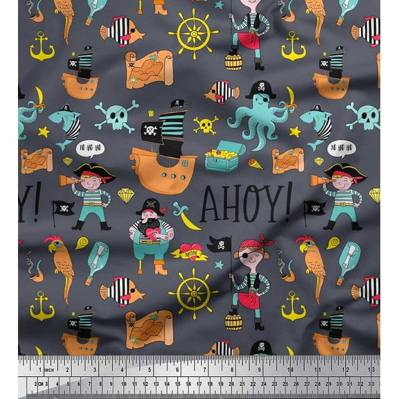 Soimoi Cotton Duck Fabric Ship Wheel,Pirate Boy & Jellyfish Ocean Printed Fabric 1 Yard 42 Inch Wide