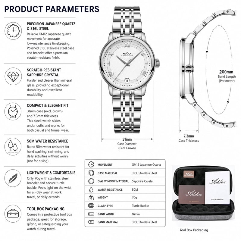ADDIES Women's Quartz Watch 31mm with Sapphire Crystal, Japanese GM12 Movement, Stainless Steel Bracelet, Slim Case Design, 50M Waterproof Analog Watch, Gift for Women