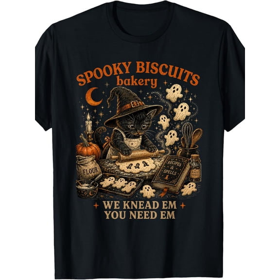 Spooky Biscuits Bakery Cat Halloween Graphic Cotton Men's Women's Tee Shirt