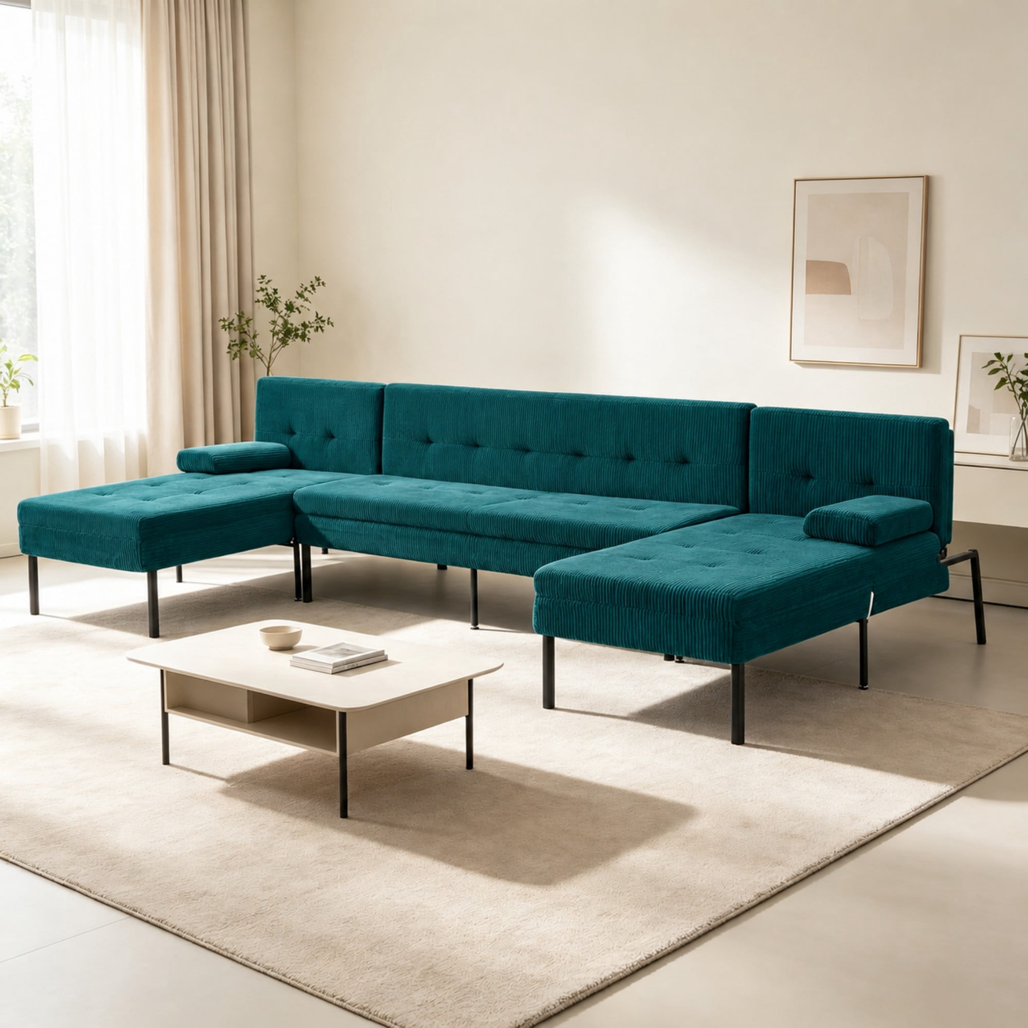 BSHTI 117.13" Soft Corduroy U-Shaped Sectional Sofa Bed with 5-Position Backrest, Comfy Couch for Living Room（Green）