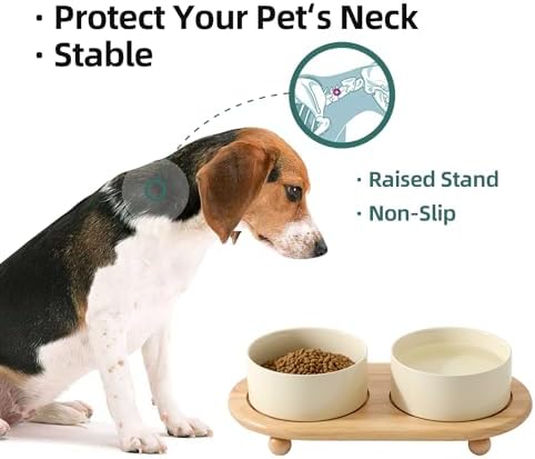 Ceramic Elevated Dog Bowls, Food and Water Bowls for Dogs, Puppy, Raised Dog Dish, Pet Feeder(6inch, 2 x Beige + Stand)