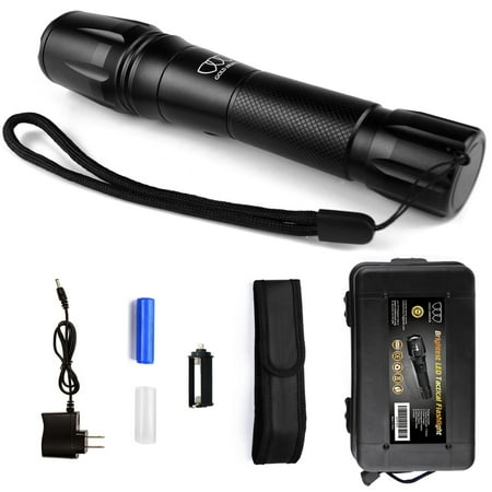 Gold Armour Brightest LED Tactical Flashlight Zoomable, 5 Modes, Waterproof Water Resistant with Battery and Holster