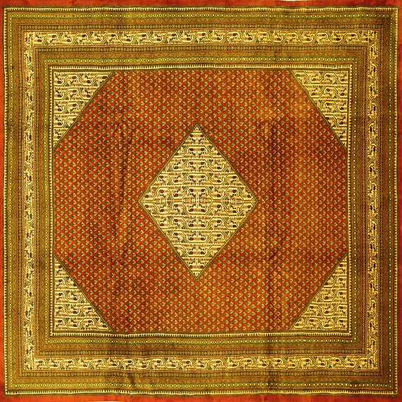 Ahgly Company Machine Washable Indoor Square Medallion Yellow Traditional Area Rugs, 6' Square