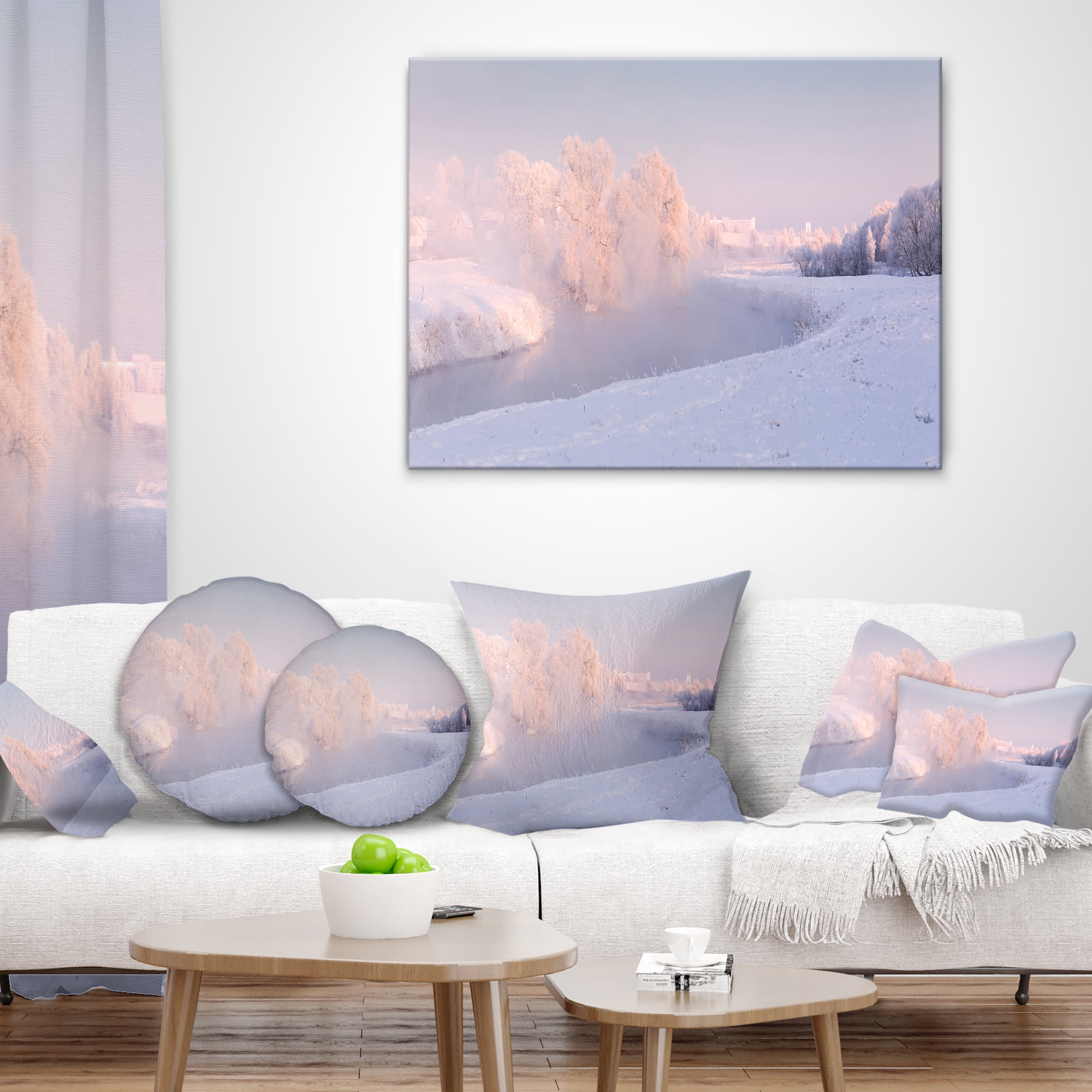 Designart Frosty Winter Sunshine Panorama - Landscape Printed Throw Pillow - 18x18