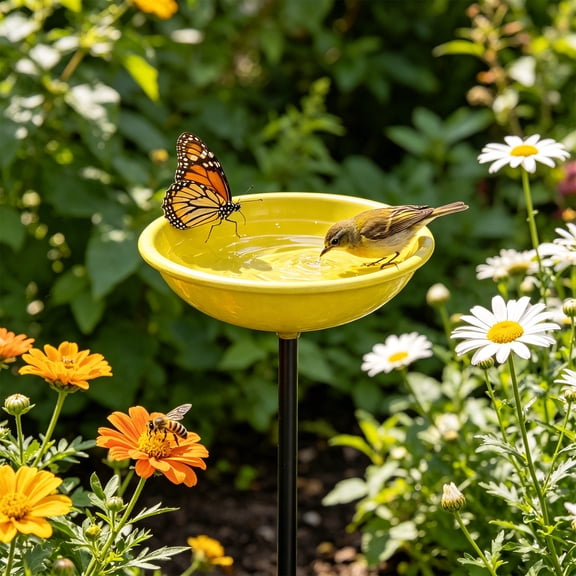 MMJ Garden Stake Metal Flower Bird Bath Feeder Bowl Pollinator Watering Station for Butterfly Outdoor Decor