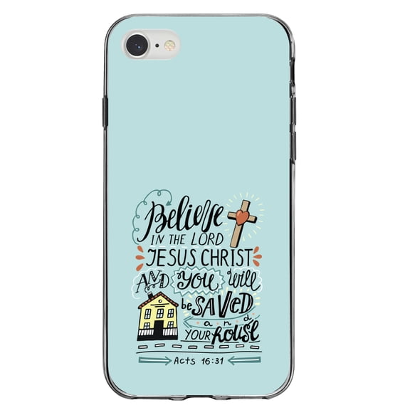 DistinctInk Clear Shockproof Hybrid Case for iPhone 7 8 SE (2020 Model) 4.7" Screen TPU Bumper Acrylic Back Tempered Glass Screen Protector - Acts 16:31 - Believe in the Lord Jesus Christ