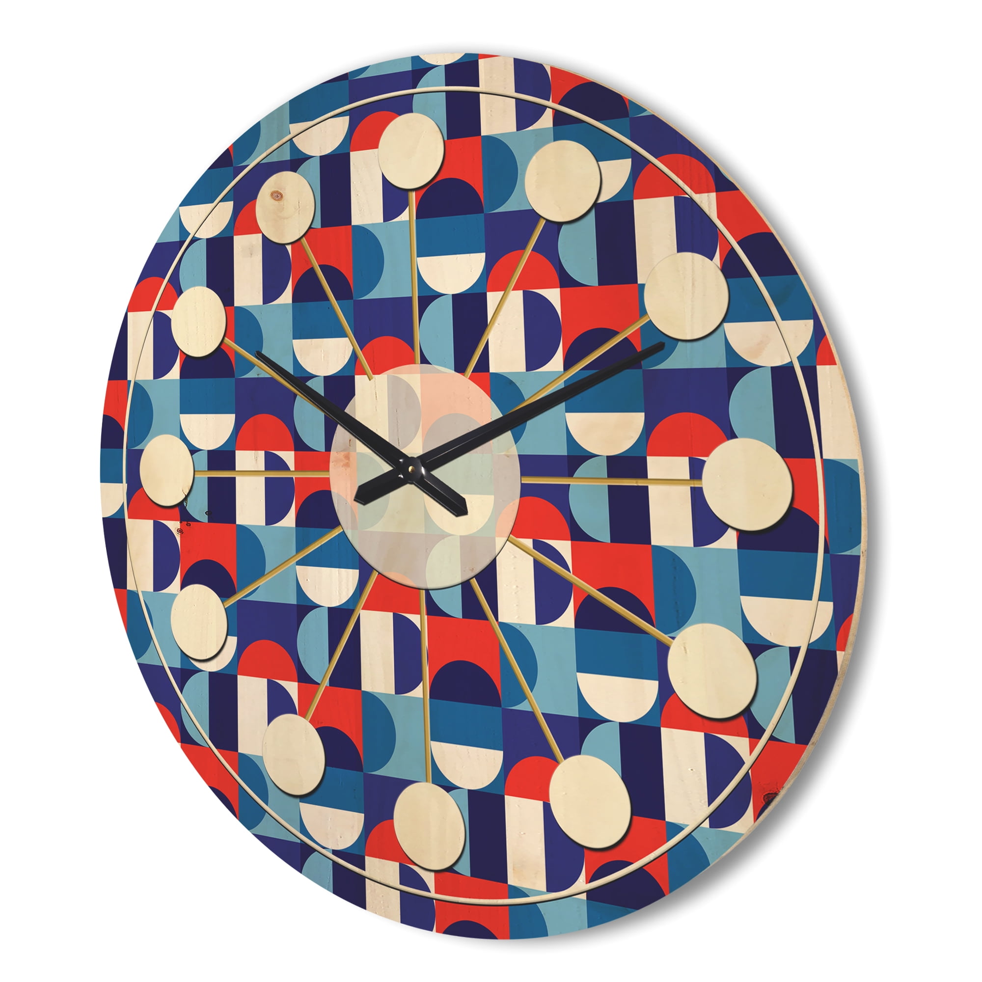 Designart 'Red, Blue & White Polka Dots' Mid-Century Modern Wood Wall Clock