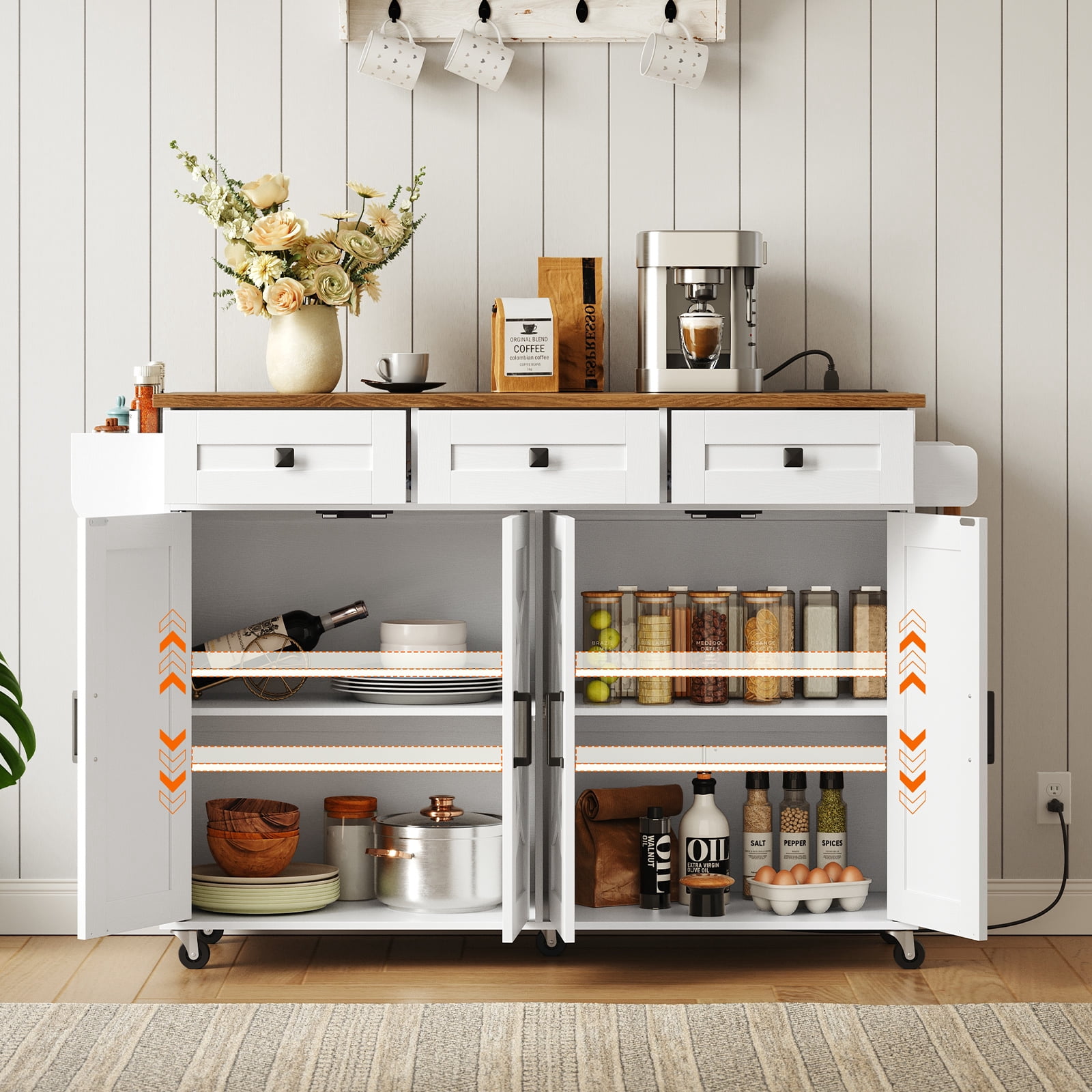 Kitchen Island with Drop Leaf, Rolling Kitchen Island with Storage and Power Outlet, Kitchen Cart with 3 Drawers and Adjustable Shelves, Towel and Spice Rack, White and Walnut