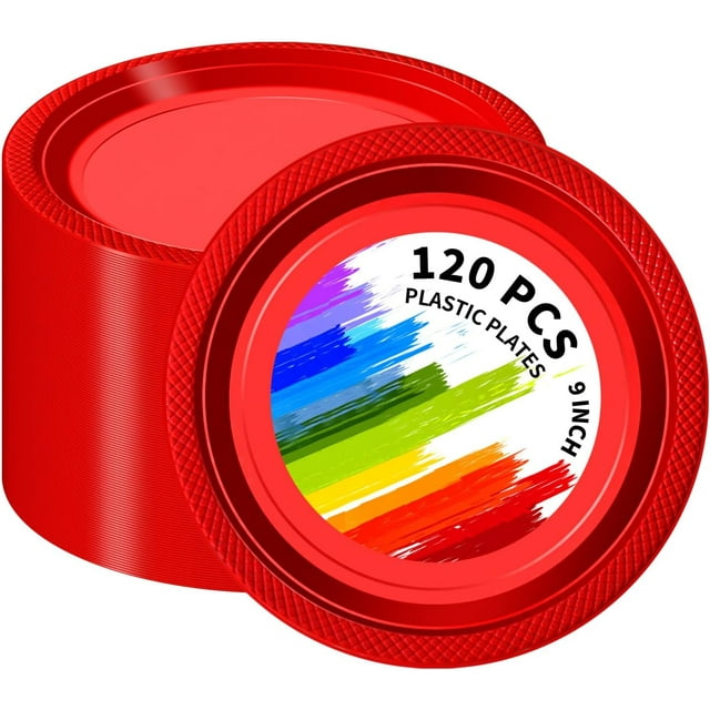 CC-SLZP 120 Pcs Assiettes en Plastique Rouges, Assiettes Jetables de 9 Pouces pour Fête Ensembles de Vaisselle en Plastique Robustes pour Mariage Pâques Pique-Nique BBQ (Rouge, 9 Pouces)