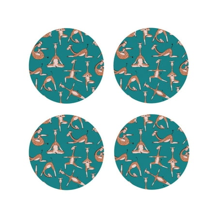 

Picia Giraffes Doing Various Yoga Printed Leather Coasters for Drinks 4 Drink Coasters Set of 4 for Tabletop Protection Handmade Luxurious Home Décor and Housewarming Gift -Round Shape