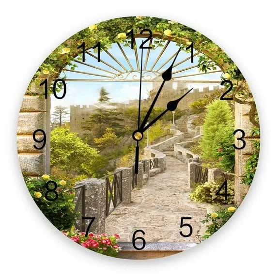 Italy Ancient Arch Garden Printed Wall Clock Modern Silent Clock Living Room Home Decor Wall Hanging Watch（10 Inch）