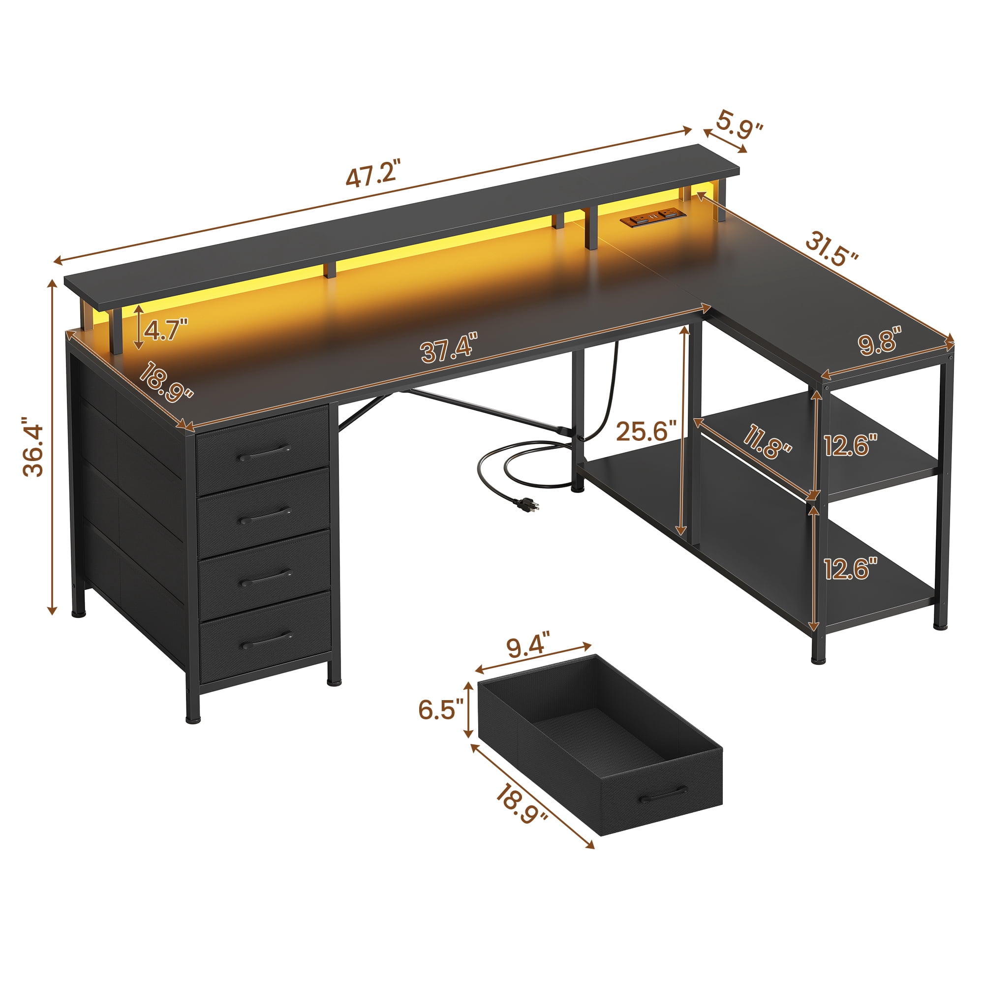 47" Gaming Desk with Power Outlets & LED Lights, L Shaped Desk with Fabric Drawers & CPU Stand, Corner Computer Desk with Open Shelves for Small Space, Black