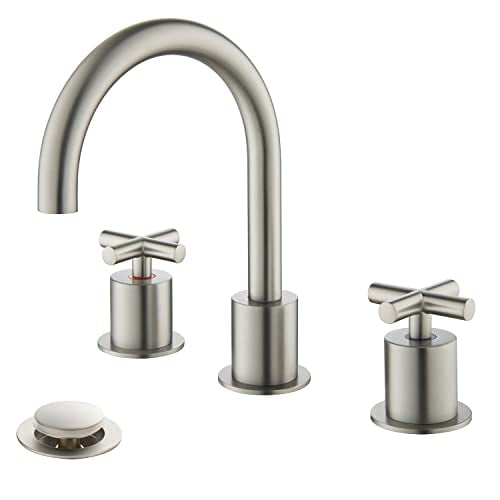 MR. FAUCET 2 Cross-Handle Brushed Bathroom Sink Faucets with Pop-up Drain for 3 Hole 4~16 inch Deck Sink, Brass Brushed Nickel
