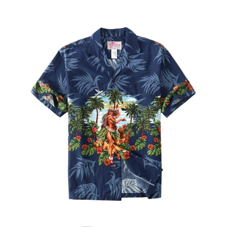Made in Hawaii Men's Hawaiian Shirt Aloha Shirt Hula Girl Beach Palms in Navy