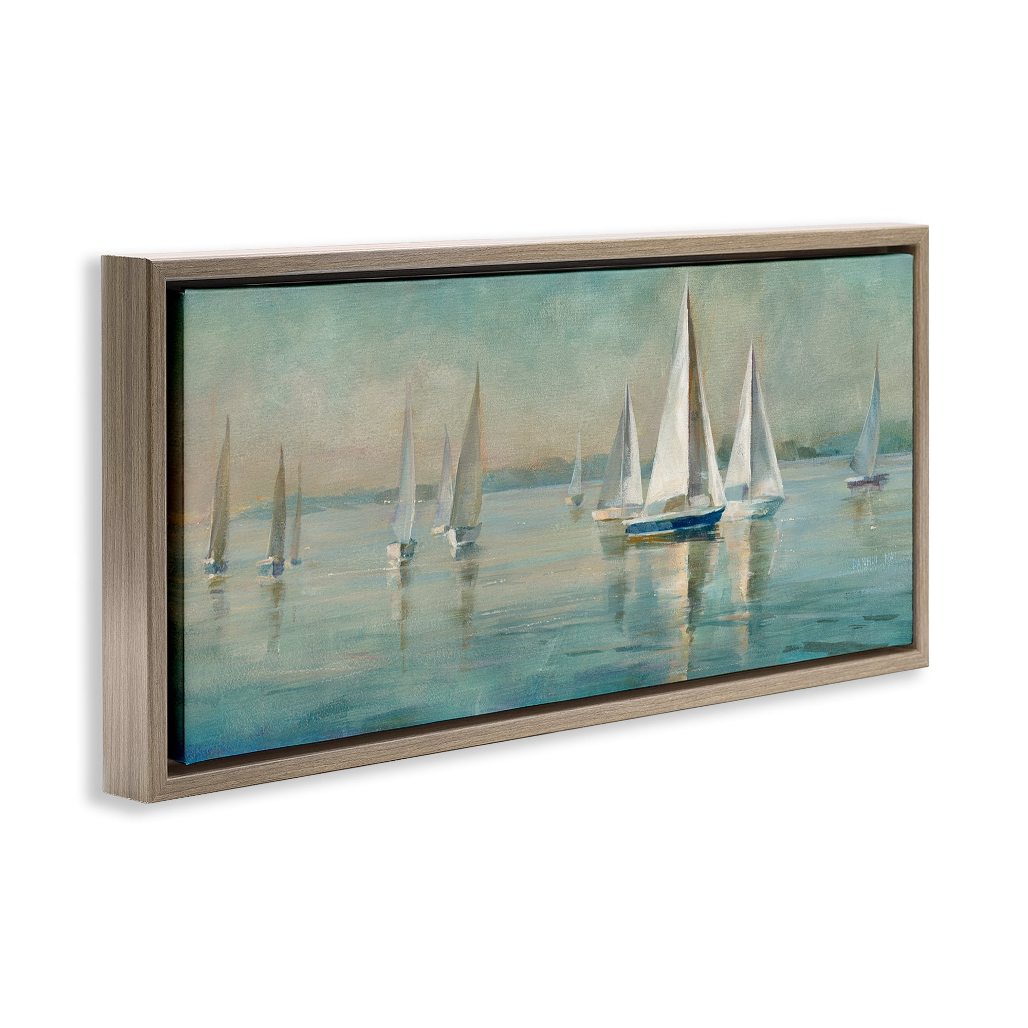 Stupell Industries Panoramic Sailing at Sunrise Nautical & Beach Painting Brown Floater Framed Canvas Art Print Wall Art, 25 x 11