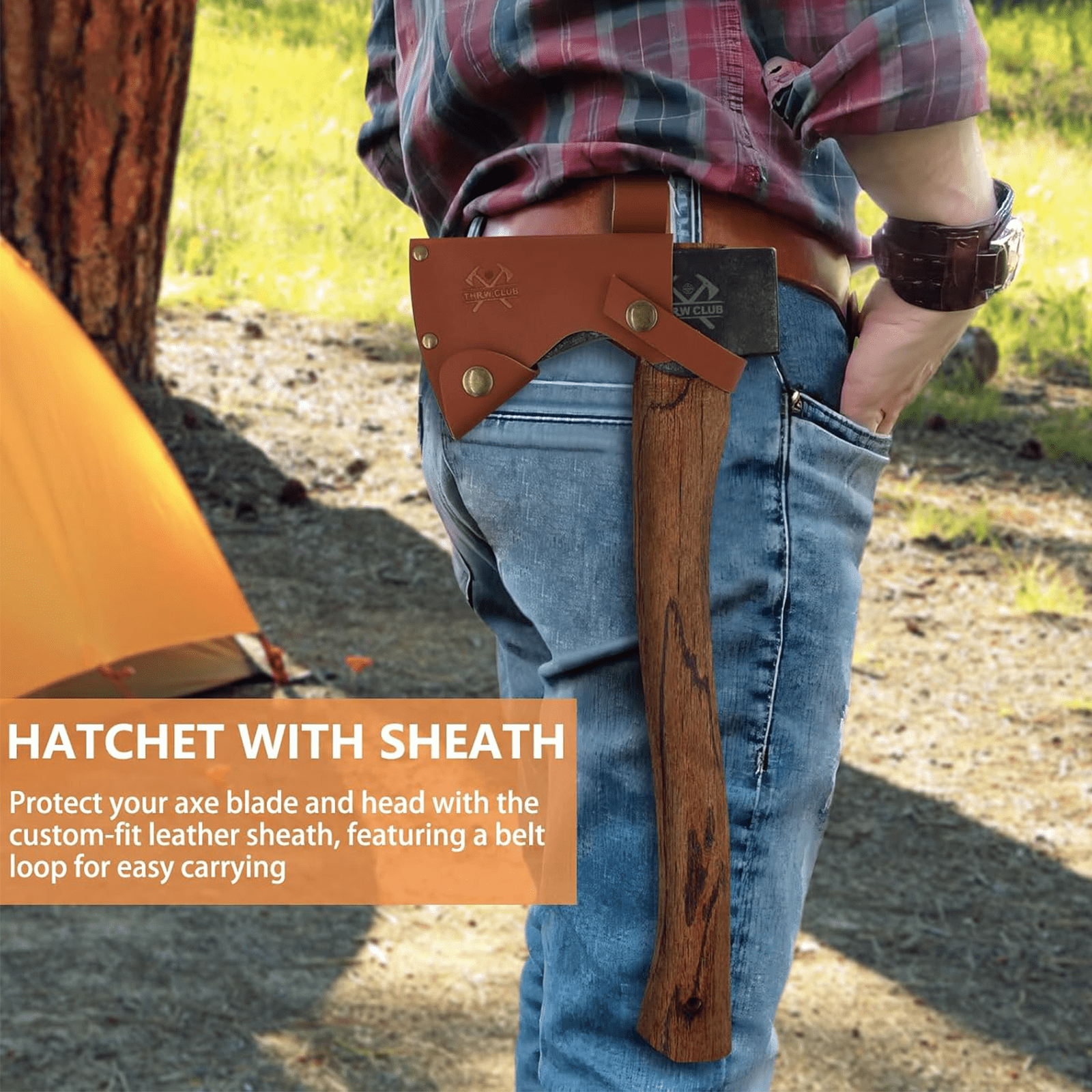 THRWCLUB 15.7" Camping Hatchet, Hand Forged 1065 Carbon Steel Wood Axe with Wooden Handle, Bushcraft Camp Axe with Sheath & Sharpener