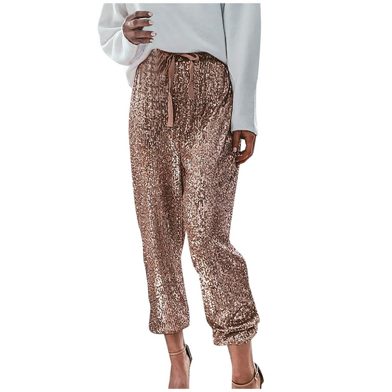 Kcocoo Women Fashion High Waisted Ruffle Sequin Cloth Pants Sexy Style Foot  Tape Trousers Gold XL 