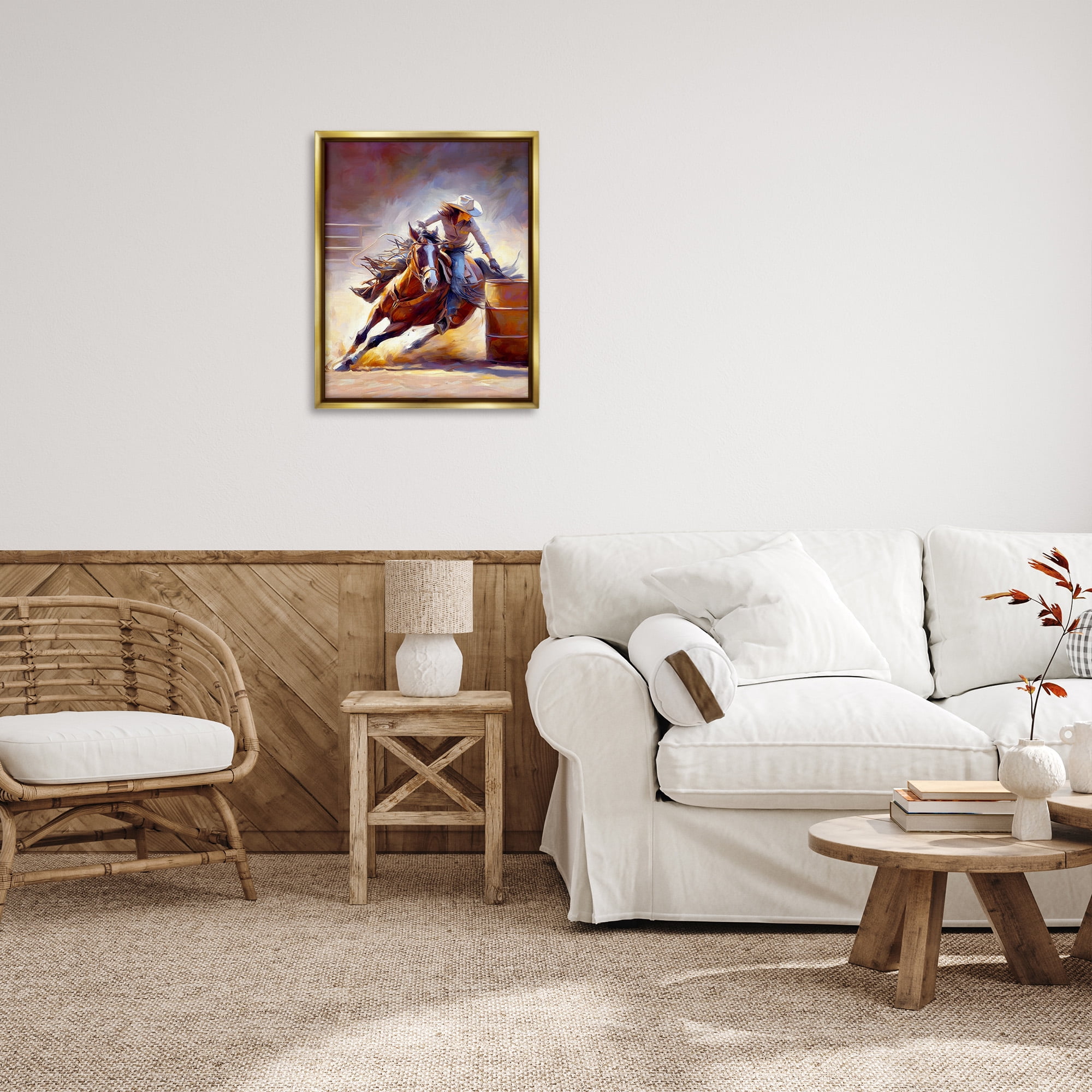 Stupell Industries Equestrian Jockey Girl Animals & Insects Painting Gold Floater Framed Canvas Art Print Wall Art, 25 x 31