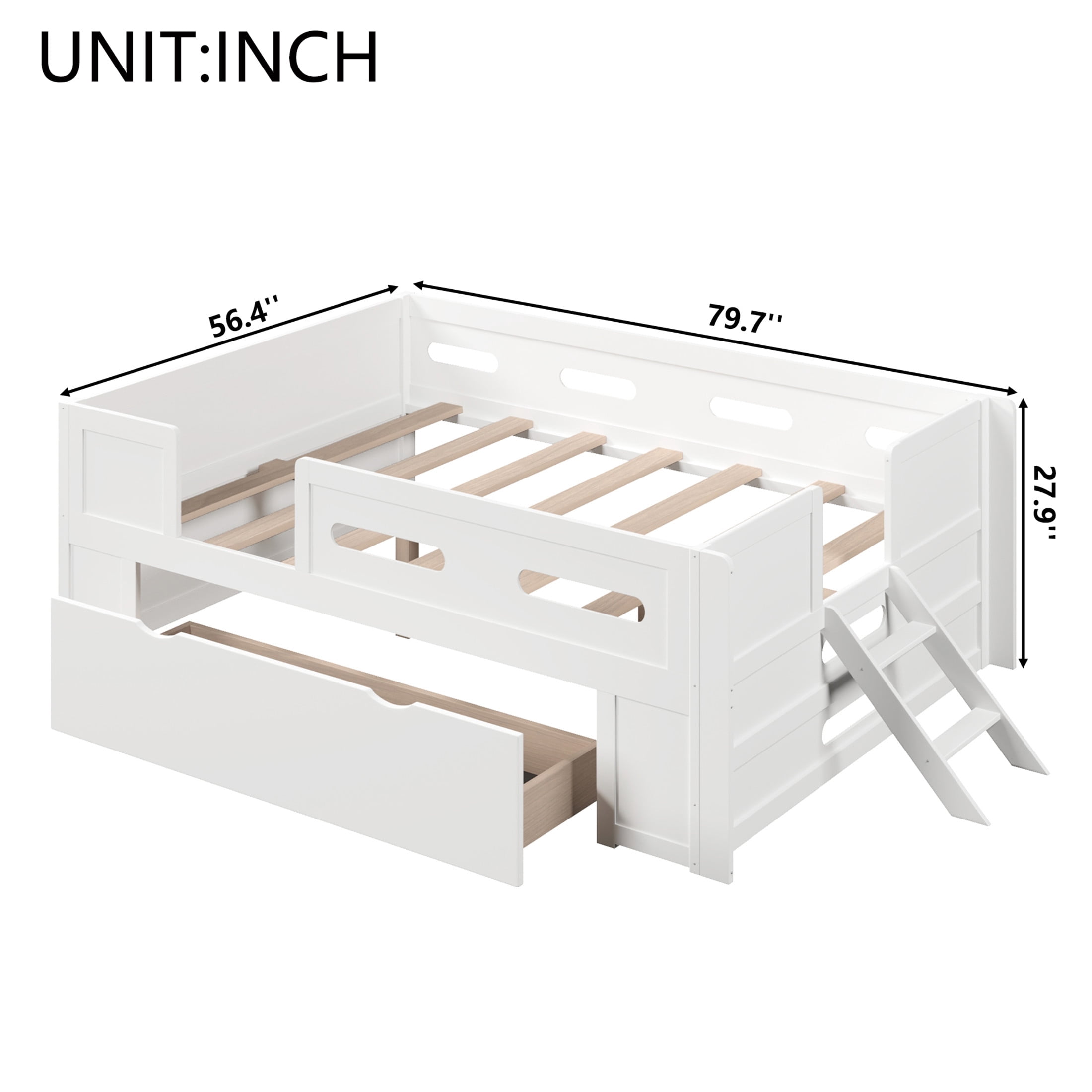 Noble House Genrix Full Size Pine Wood Platform Bed with Guardrail and Storage Drawer, Kids Bed Frame, White