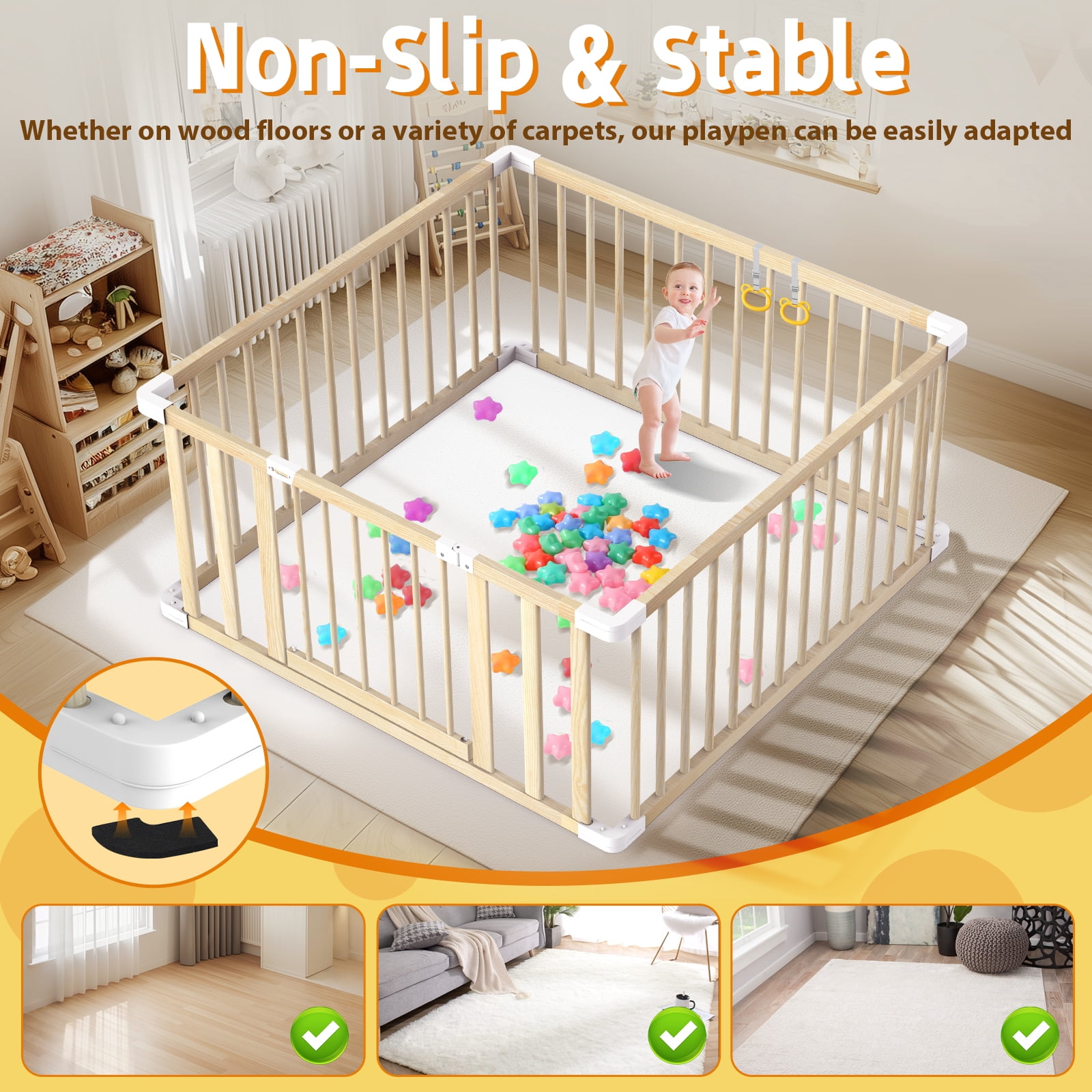 Wooden Baby Playpen, Portable Activity Center for Indoor & Outdoor Use, 43x43in Safety Play Yard with Lockable Door, 2 Handles & 30 Ocean Balls