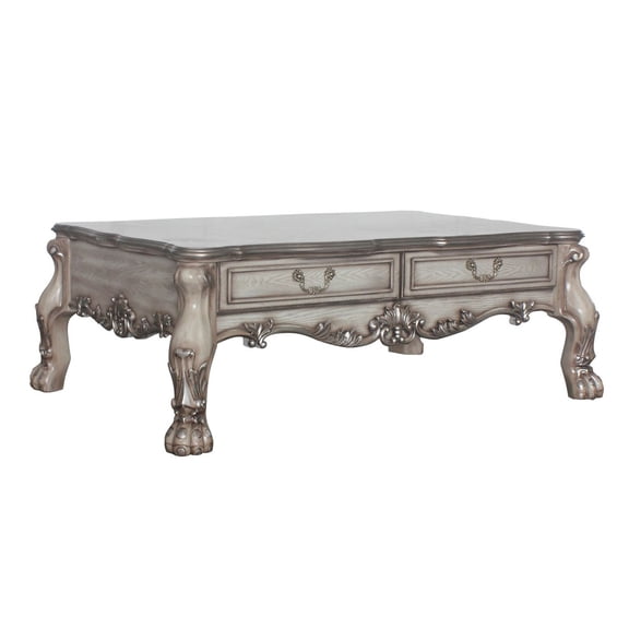 Benjara 2 Drawers Wooden Coffee Table with Oversized Claw Legs- Antique Silver