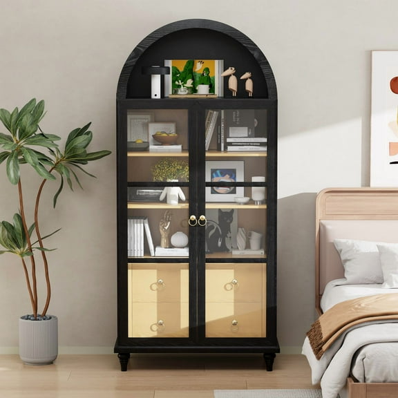 Vineego 71'' Display Cabinet with 2 Drawers and 3 Shelves, Modern Pantry Storage Cabinet with Aarch Design for Living Room Kitchen, Black