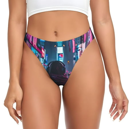 Rateoe Neon Night Cityscape Pattern Seamless Women Underwear Thongs No Show Ladies Thong No Line Breathable Comfortable Panties Undies for Women-Large