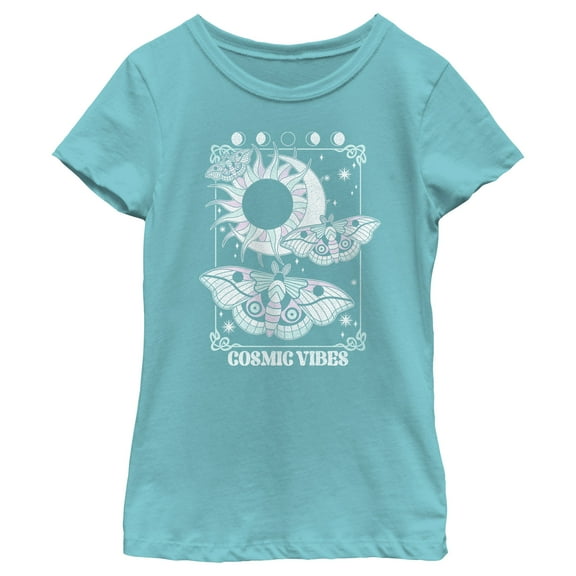 Girl's Lost Gods Cosmic Vibes Moths  Graphic Tee Tahiti Blue Small
