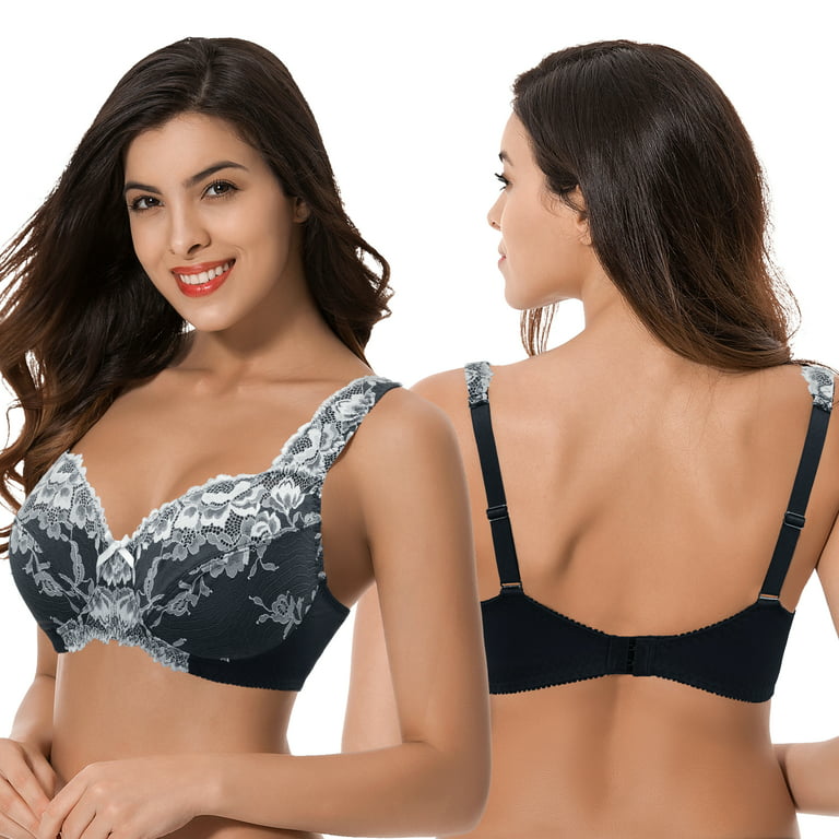 Curve Muse Women's Plus Size Minimizer Unlined Wireless Lace Full Coverage  Bras-2Pack-Black,Red-42DDD 