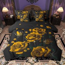 Manfei Fashion Orange Rose 7 Pieces Bedding Comforter Set for Adult, Flower Floral Full Bedding Set, Romantic Anniversary Reversible Fitted Sheet Flat Sheet, Microfiber Bedroom Decor