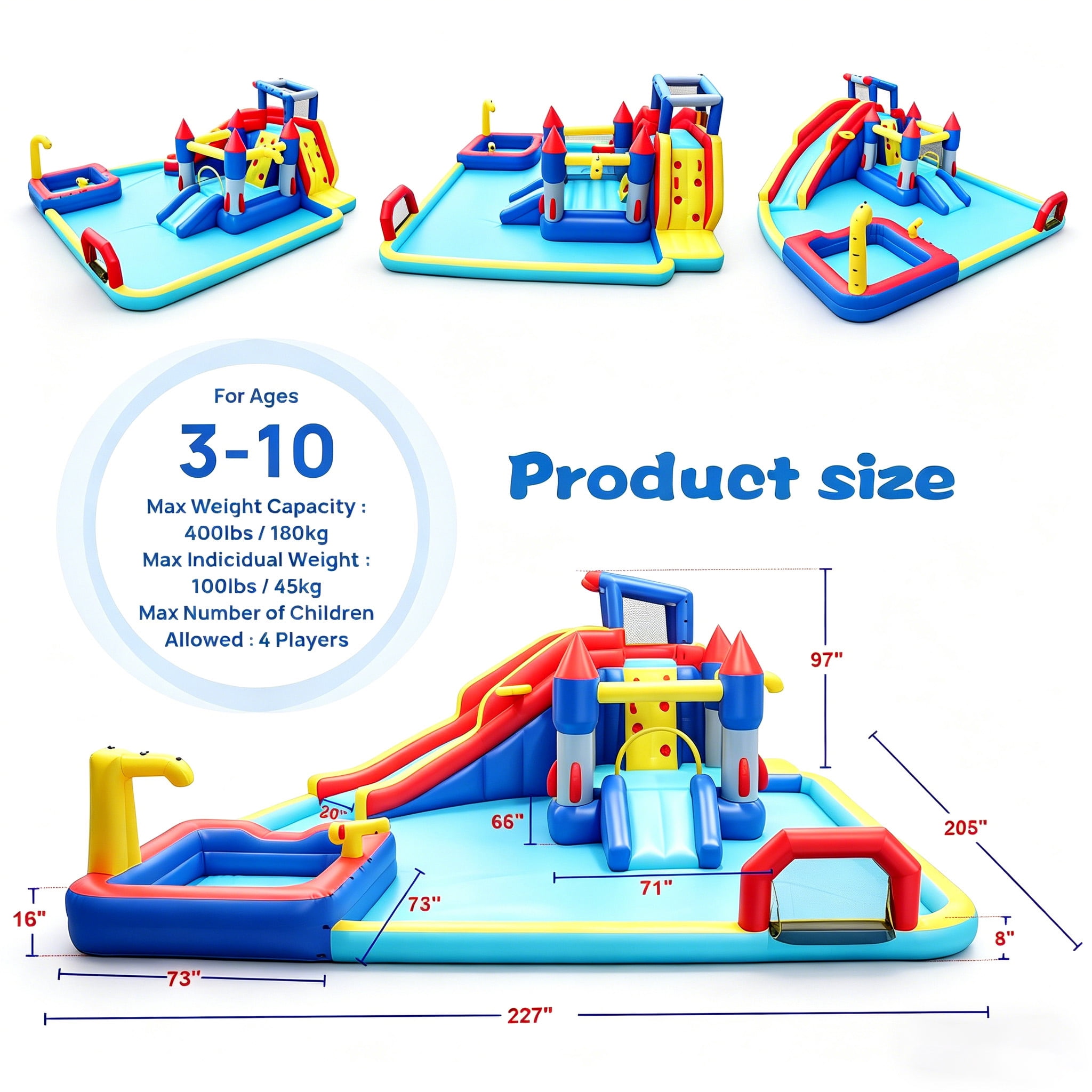 HNH 10 in 1 Inflatable Water Slide Kids Bounce House with Splash Pool & Water Gun & Basketball & Climbing Wall & Dual Pools & Soccer,650W Air Blower, 18.92x17.08FT