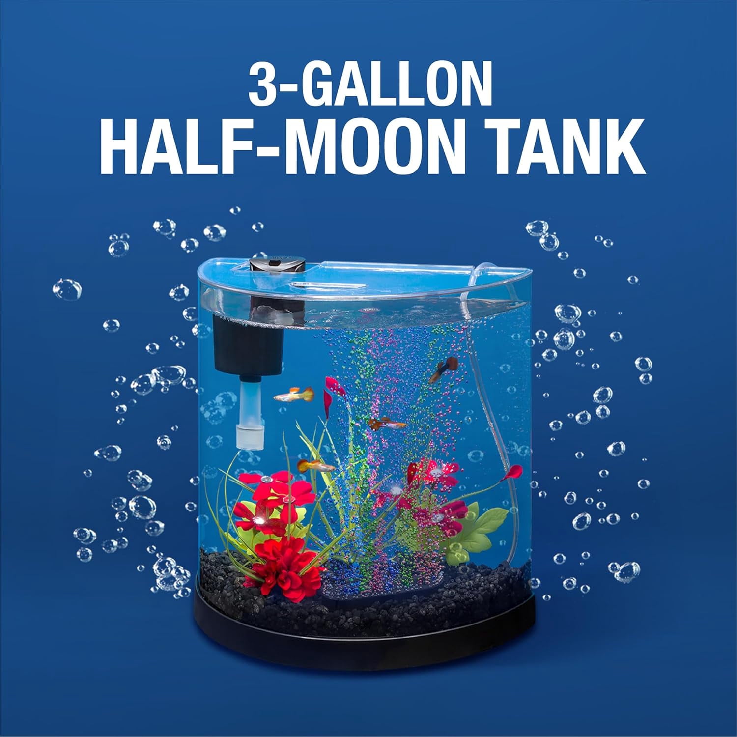 3 Gallon Small Fish Tank, Aquarium Starter Kit, with Filter, Air Pump, & Color Changing Light, Half Moon Shape, for Gold Fish & Betta
