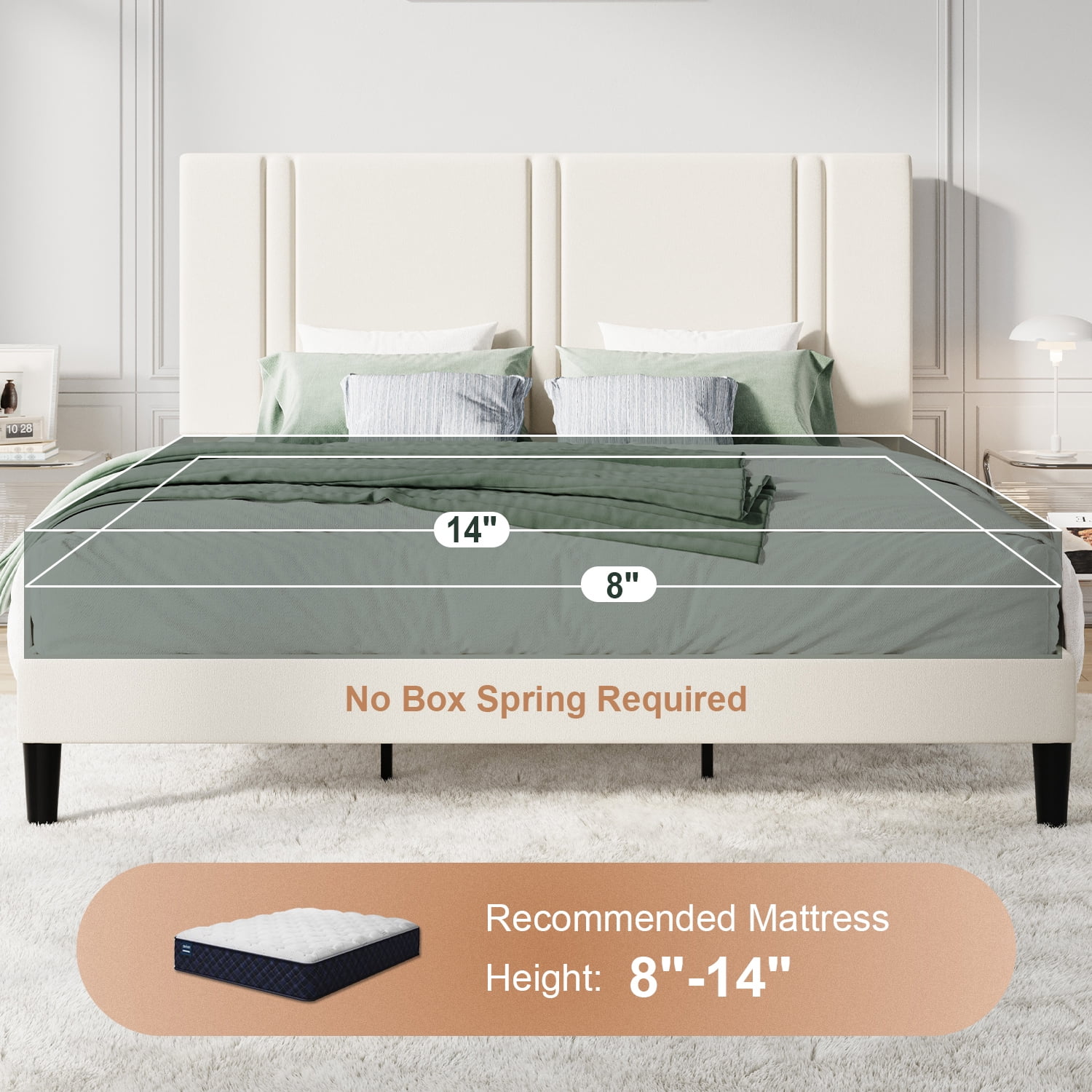 Amolife King Bed Frame, Platform Bed with Upholstered Velvet Adjustable Headboard, Wooden Slats, Easy Assembly, Cream