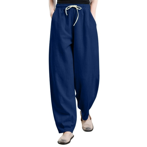 biudgviw Harem Pants for Women Loose Fit Drawstring Cotton Linen Pants with Pockets Lightweight Travel Vacation Cropped Trousers