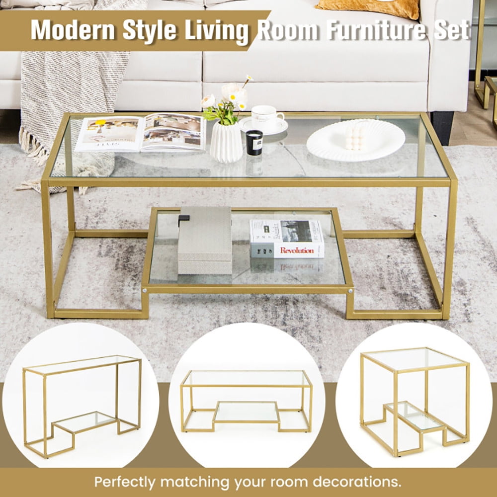 Finihen Coffee Table, Glass Coffee Table, Modern 2-Tier Rectangular Coffee Table with Glass Table Top, for Living Room, Reception Room, Golden Finihen Coffee Table, Glass Coffee Table, Modern 2-Tier Rectangular Coffee Table with Glass Table Top, for Living Room, Reception Room, Golden