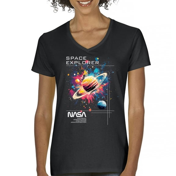 NASA Space Explorer Women's V-Neck T-shirt Universe Astronaut Galaxy Planet Saturn
