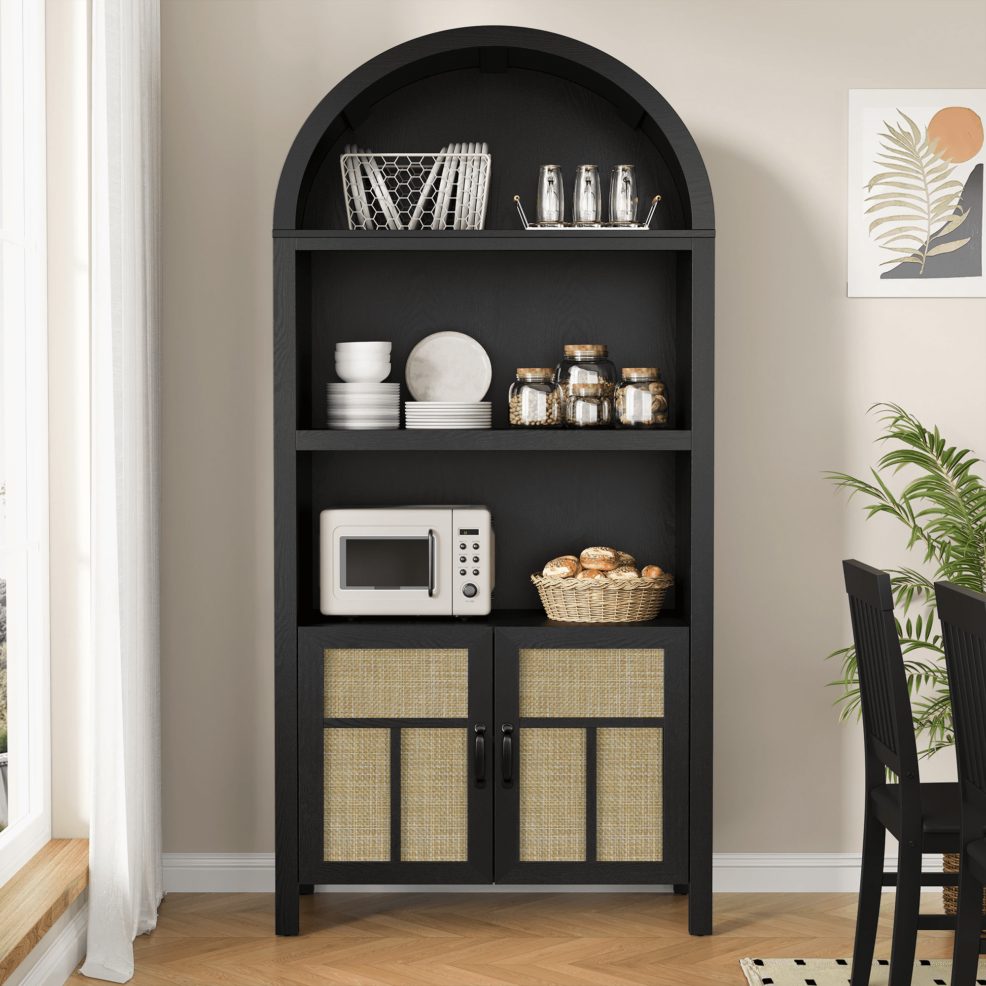 70" Arched Storage Cabinet with Doors, Boho Rattan Sideboard Buffet Cabinet with Adjustable Shelves, Tall Pantry Storage Table for Kitchen, Hallway, Dining Room, Living Room, Office, Black
