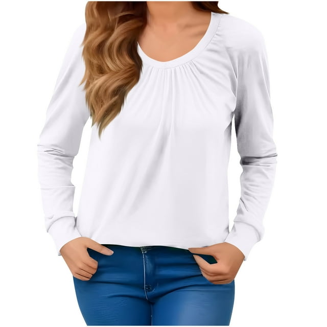 UAMVSH Chemises à Manches Longues pour Femmes Plissées Col Rond Basiques Classiques Décontractées Coupe Ample Tuniques Vêtements d'Automne
