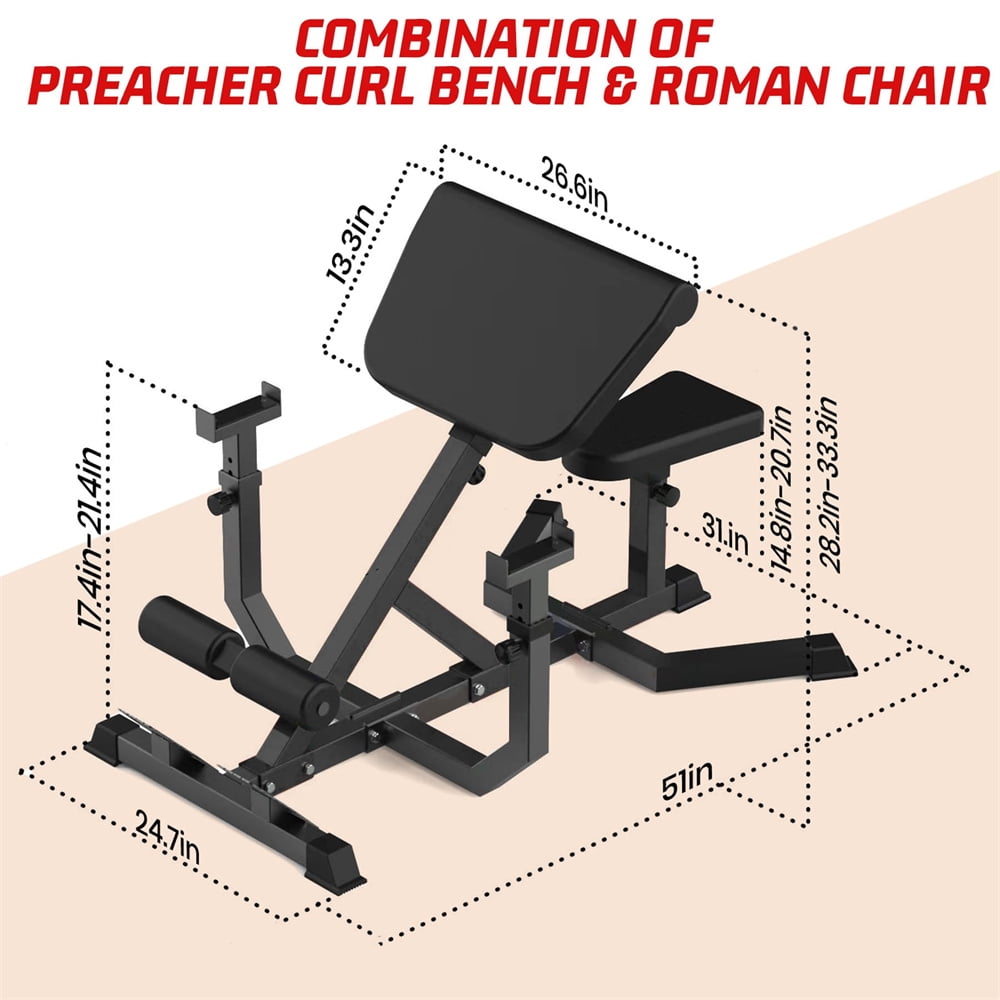2-In-1 Roman Chair & Preacher Curl Bench Multi-Function Heavy-Duty Hyperextension Bench for Arms, Ab, Back, Glute & Leg Extension with Adjustable Height Exercise Equipment