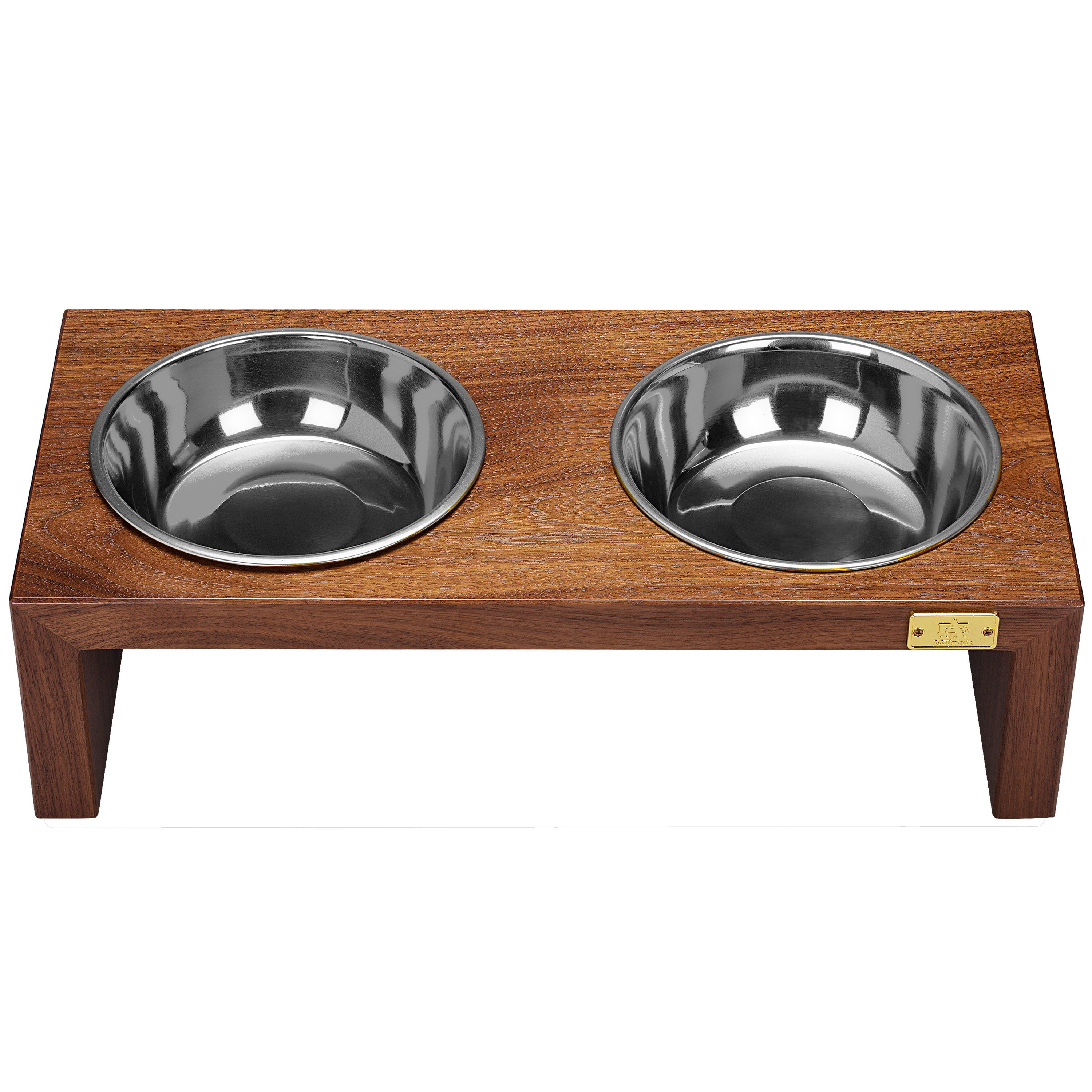 Pet Double SIlver Bowl Feeder Luxury Walnut Wood Station Large
