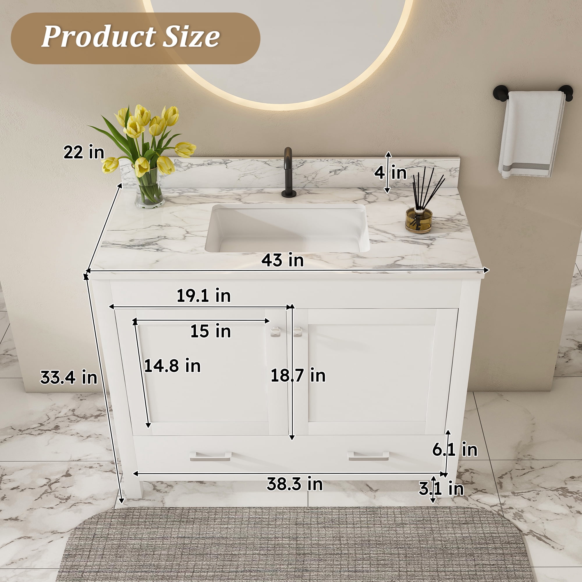 Mintazer 43 Inch Bathroom Vanity Cabinet with Sink, Bathroom Storage Vanity with Drawer & Single‑Hole Ceramic Sink Sintered Stone Countertop, Backsplash for Bathroom, White