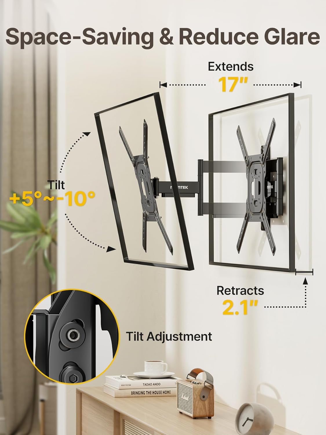 monTEK Full Motion TV Wall Mount for 23–65 Inch Flat & Curved TVs, Swivel & Tilt Articulating TV Bracket, VESA 75x75 to 400x400mm, Holds up to 77 lbs, Single Stud, Black