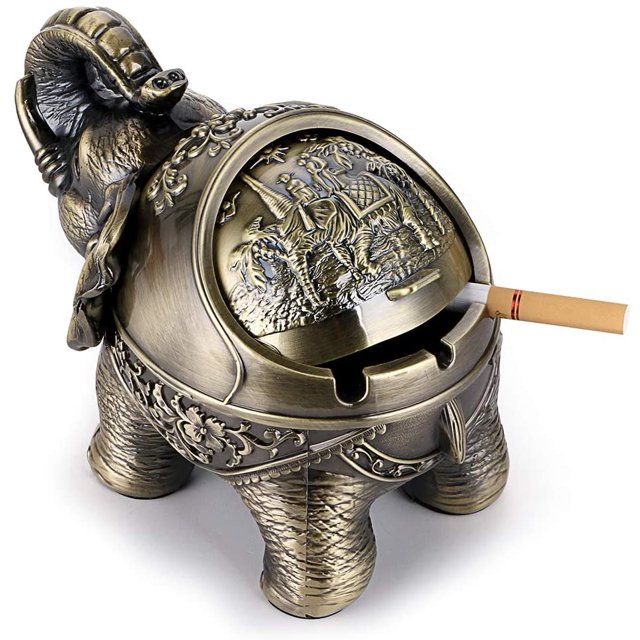 Cenicero vintage a prueba de viento con tapas - Cenicero de mesa de modelado de elefante retro para uso en interiores y exteriores, decoración retro para el hogar y la oficina Bronce