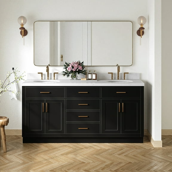 Ariel Hepburn 72 In. Double Oval Sink Bathroom Vanity With Carrara White Quartz Countertop 1.5 Edge In Black