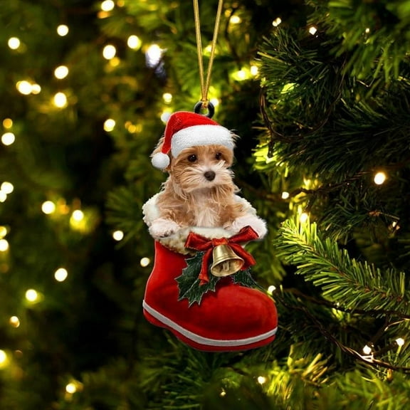 Acrylic 2D FLAT Maltipoo In Santa Boot Christmas Hanging Ornament