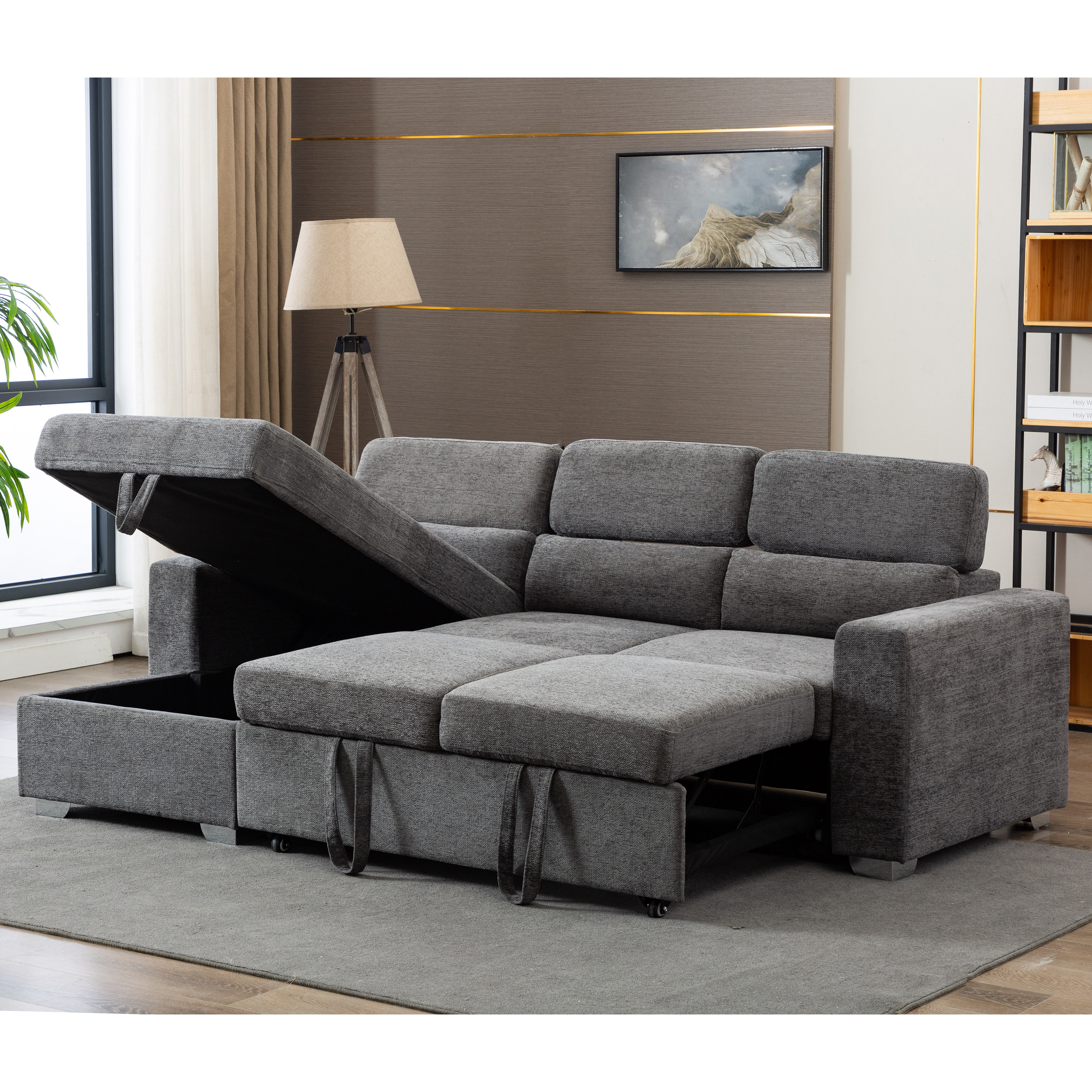 AC Pacific Modern Mid-Century Pullout Sectional Sleeper Sofa with Storage