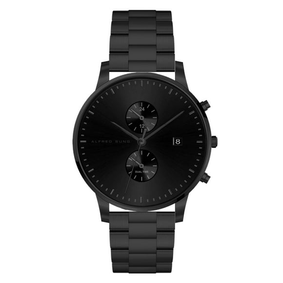 Alfred Sung Dual Time Black dial Black stainless steel bracelet Men's watch