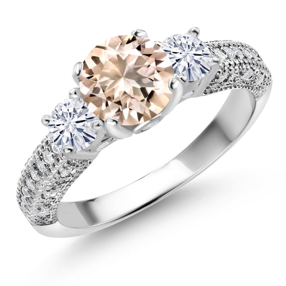 Gem Stone King 925 Sterling Silver Peach Morganite and White Moissanite Engagement Ring for Women (1.69 Cttw, Gemstone October Birthstone, Round 7MM and 4MM, Size 8)