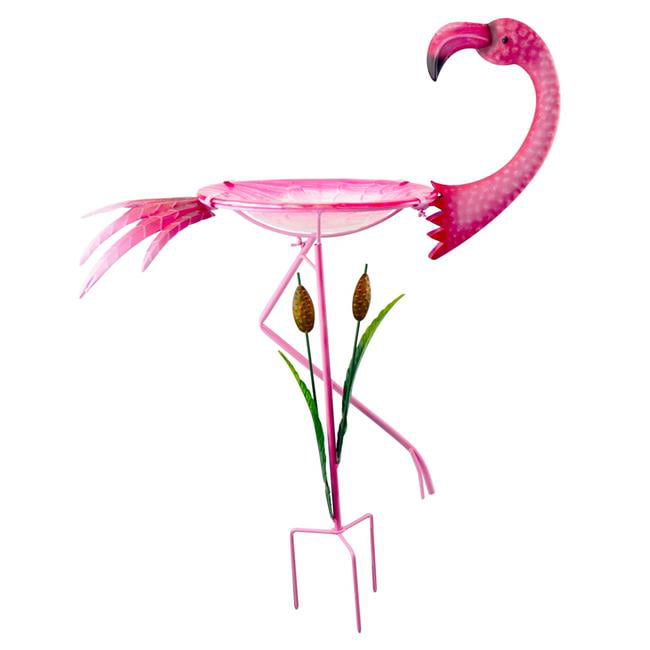 Bird Bath Flamingo With Metal Glass Three Prong Stake 3D Red Carpet Studio 40271 