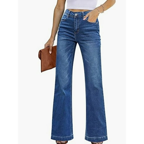 EMMIOL Women's Y2K Vintage Washed Mid Waist Flare Jeans 90s Wide Leg Boyfriend Denim Pants